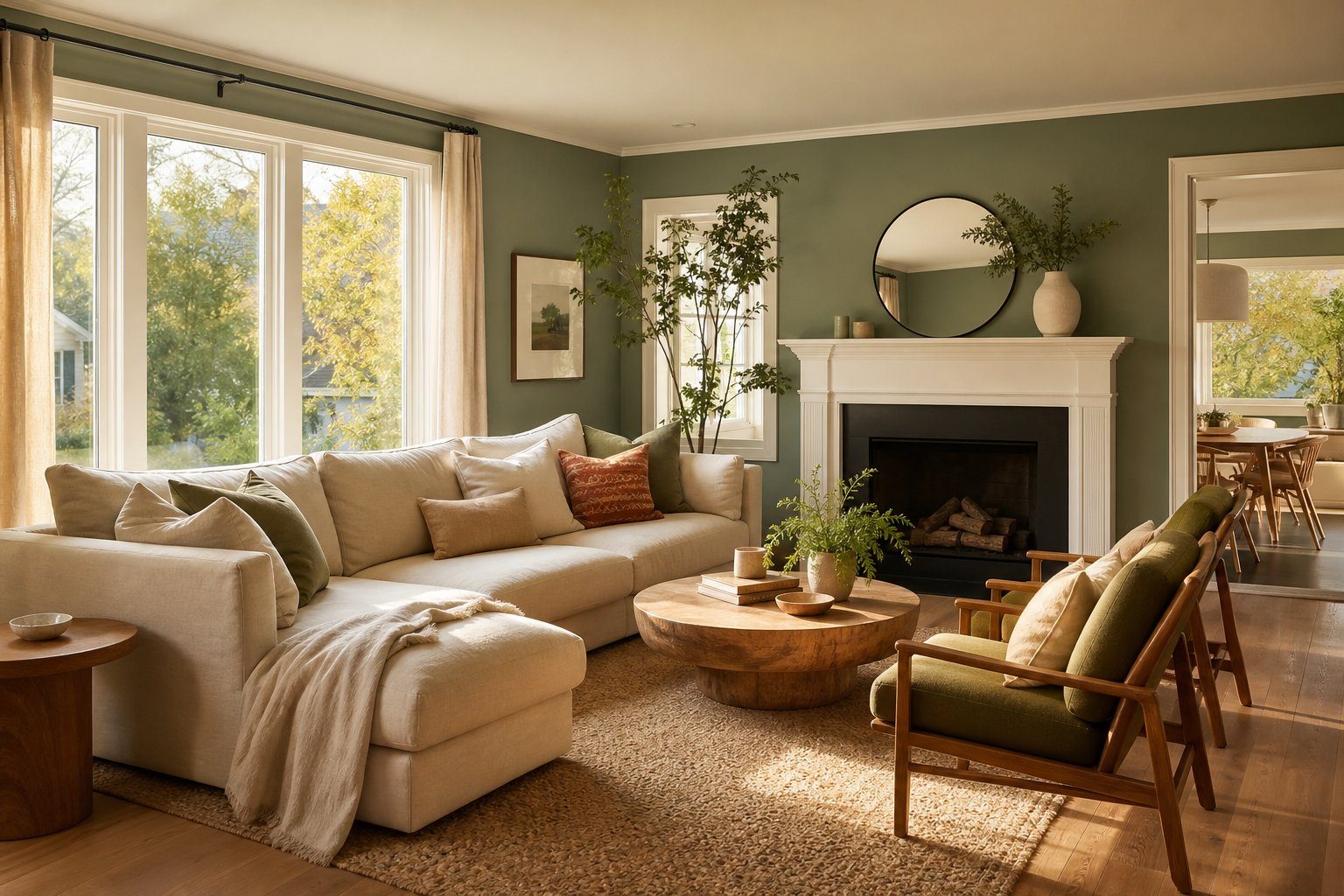 A warm, light-filled living room after a Peaceful Home Stay renovation